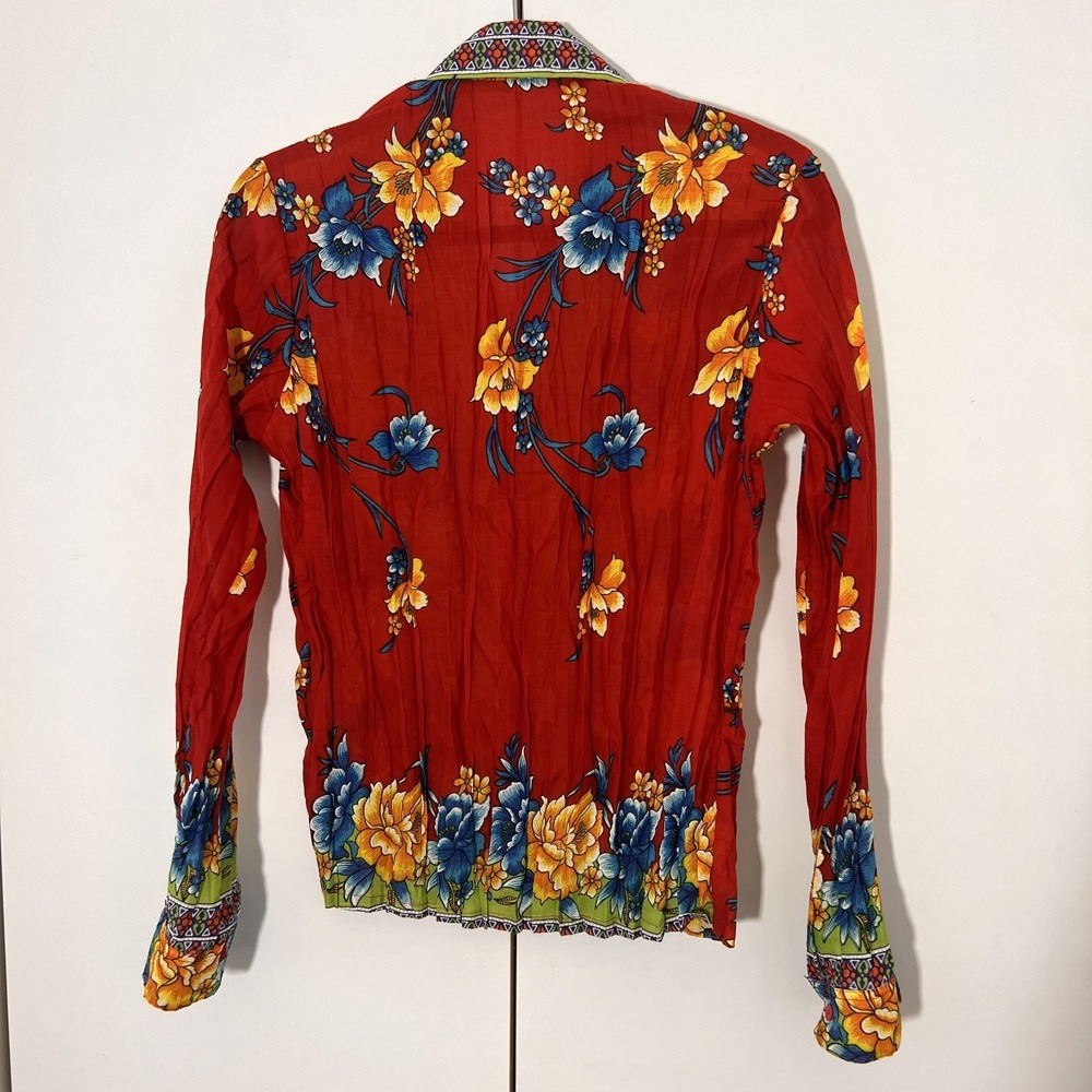 Roberta Freymann Shirt Small Multicolor Floral Crinkle Resort Boho Tropical - Picture 2 of 5